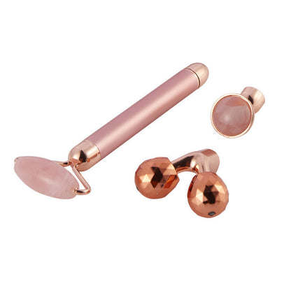 3 In 1 Vibrating Facial Jade Roller Set Rose Quartz Jade Roller Stone With 3 Replaceable Heads Face Slimming Lifting Massager