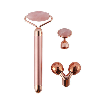 3 In 1 Vibrating Facial Jade Roller Set Rose Quartz Jade Roller Stone With 3 Replaceable Heads Face Slimming Lifting Massager