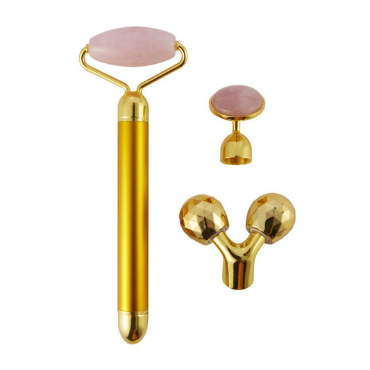 3 In 1 Vibrating Facial Jade Roller Set Rose Quartz Jade Roller Stone With 3 Replaceable Heads Face Slimming Lifting Massager