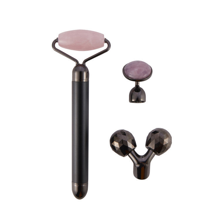 3 In 1 Vibrating Facial Jade Roller Set Rose Quartz Jade Roller Stone With 3 Replaceable Heads Face Slimming Lifting Massager