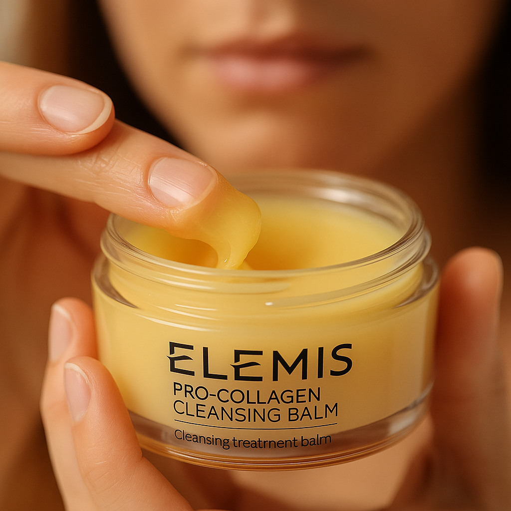 Woman holding ELEMIS Pro-Collagen Cleansing Balm in hand for glow-up skincare routine