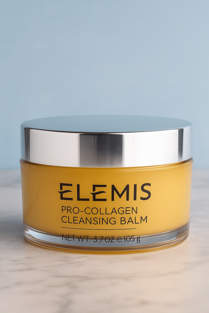 Yellow ELEMIS Pro-Collagen Cleansing Balm jar on a minimal background