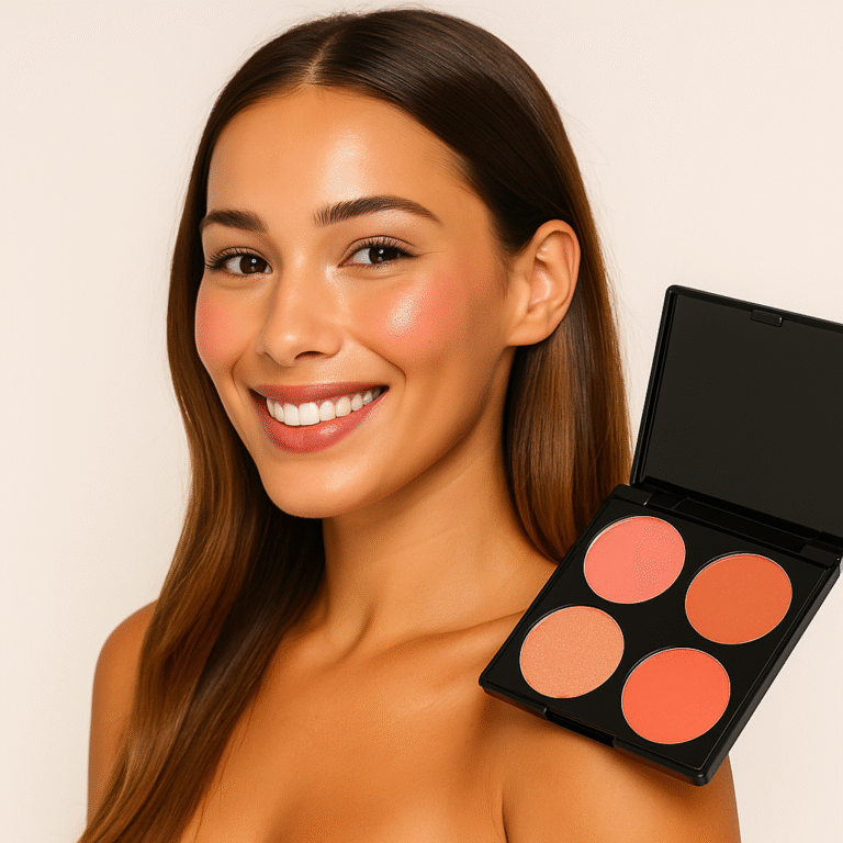 Smiling woman with glowing skin holding a makeup brush next to a blush palette on a soft pink background