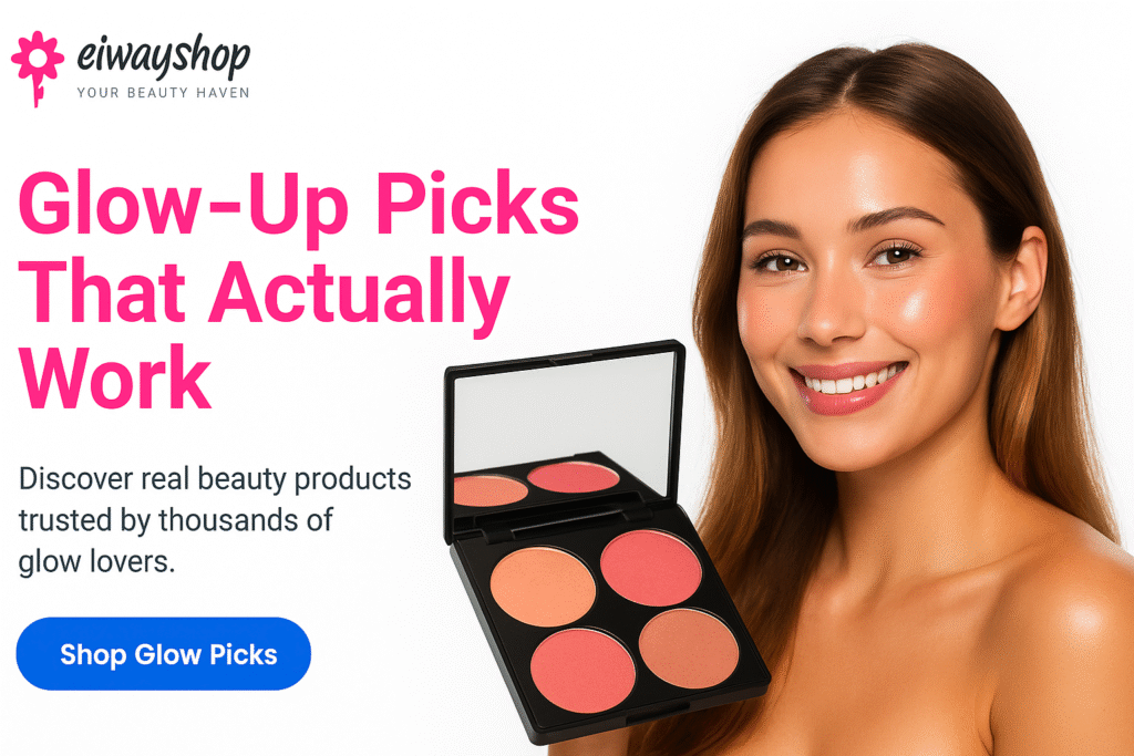 Woman with glowing skin applying blush – beauty product flat lay