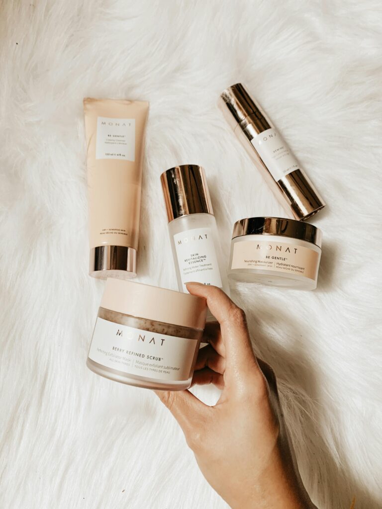 Flat lay of top skincare essentials for healthy glowing skin
