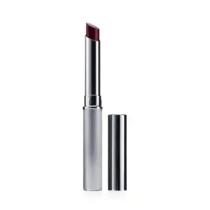 Clinique Almost Lipstick in Black Honey with cap off, shown in silver tube against white background – luxury beauty product