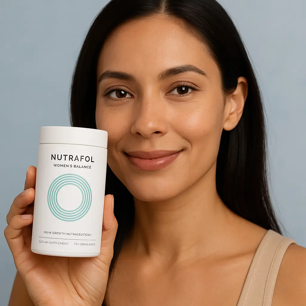Beautiful woman holding Nutrafol Women’s Balance Hair Growth Supplement for Women 45+, promoting thicker hair and healthier scalp in 2025