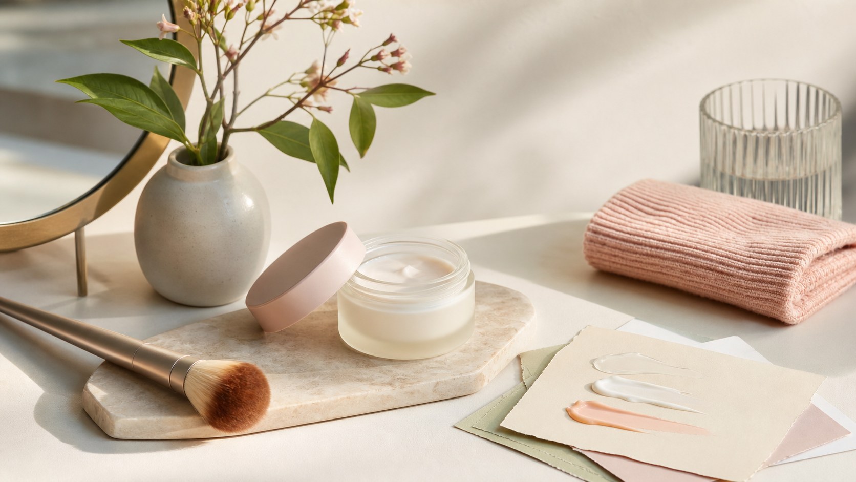 Original EiwayShop editorial still life with neutral skincare textures, brush, towel, and decision notes