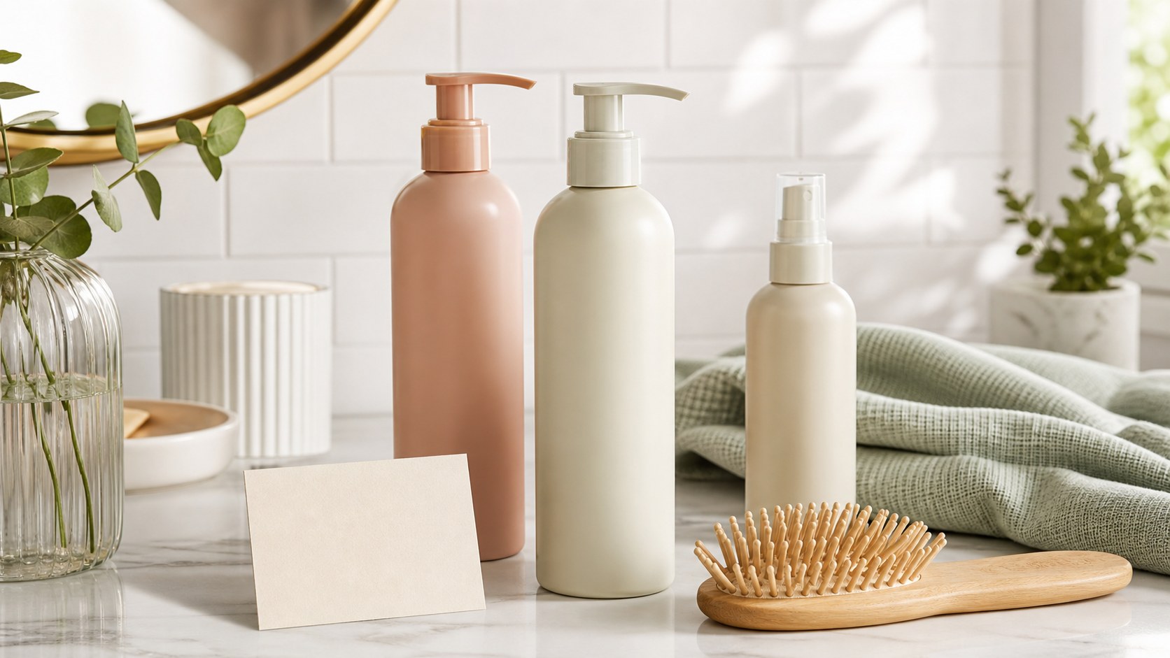 Original EiwayShop editorial still life with unlabeled haircare bottles, brush, towel, and routine note card