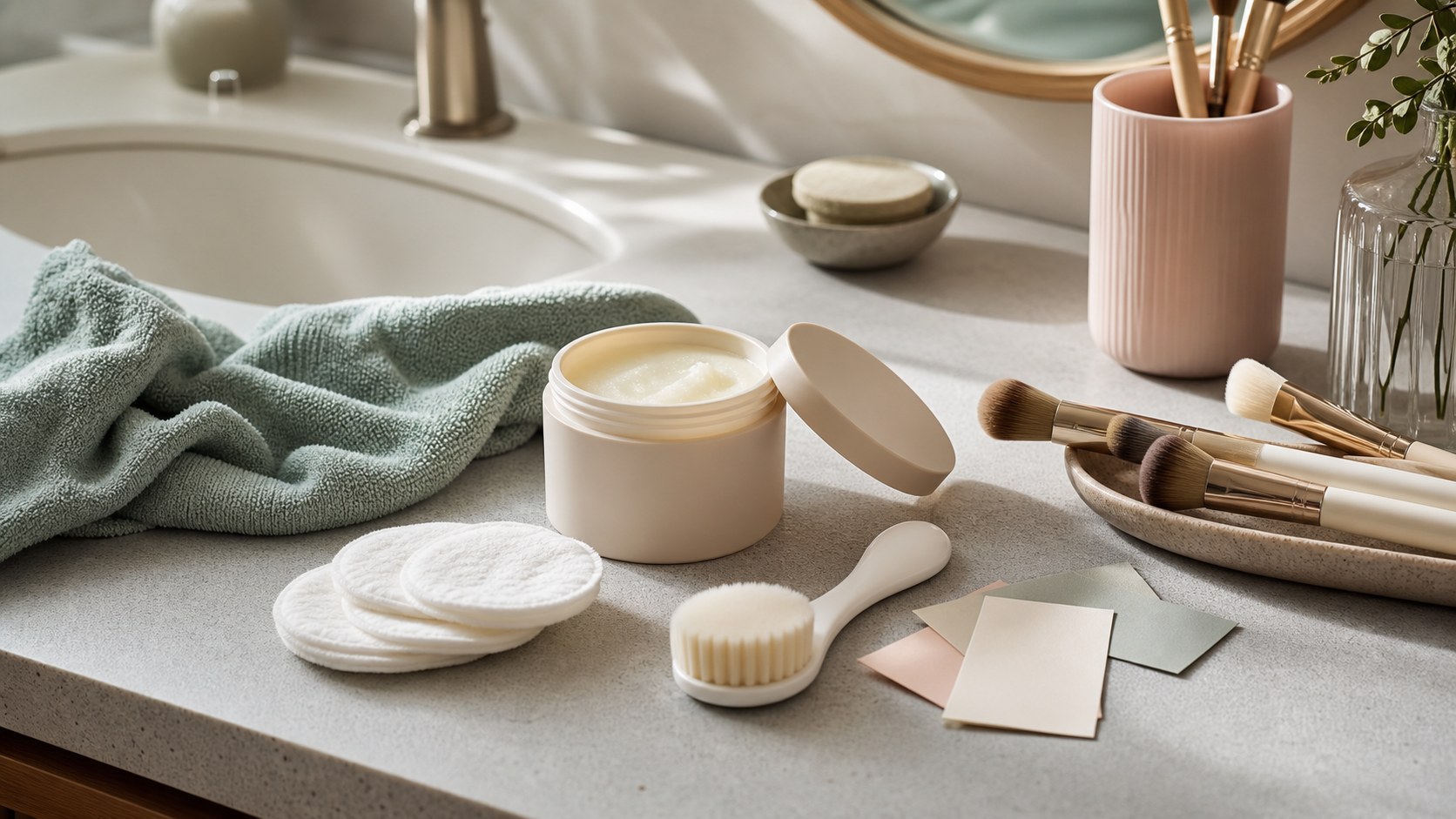 Original EiwayShop editorial still life with cleansing balm, cotton rounds, washcloth, brushes, and neutral beauty tools